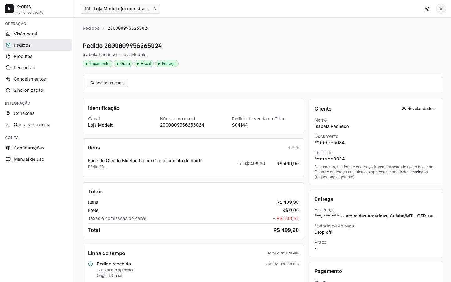 Detalhe do pedido: Itens, totais com as taxas do canal, entrega, pagamento, nota fiscal e a linha do tempo completa.